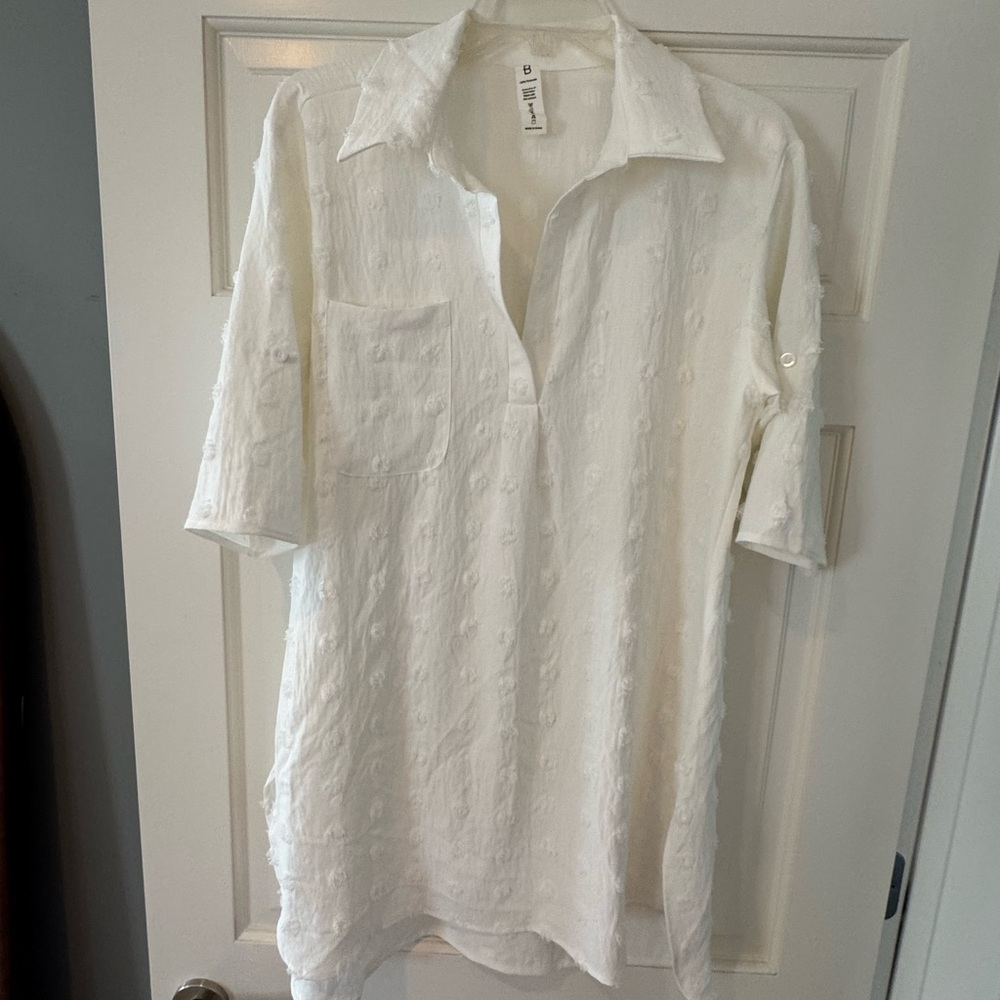 White polka dot Textured Button-Up swim collared Shirt coverup